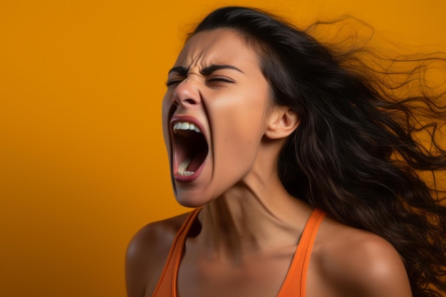 A woman screaming on an orange background