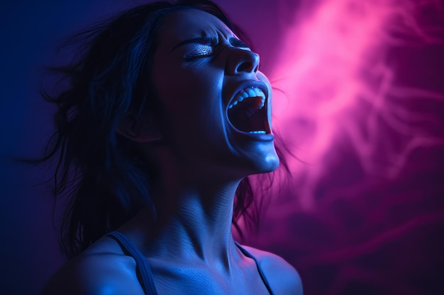 a woman screaming with her mouth open in front of a purple light