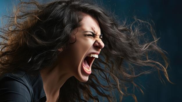 a woman screaming with her mouth open