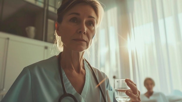 Woman in scrubs holding a glass of water Attentive nurse