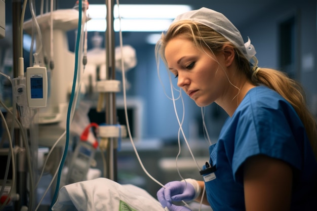 a woman in scrubs is working on a patient