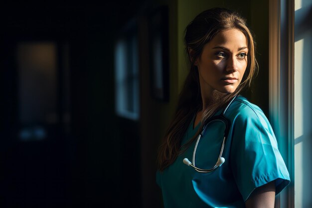 a woman in scrubs leaning against a window with a stethoscope around her neck