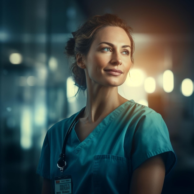 a woman in scrubs looking up