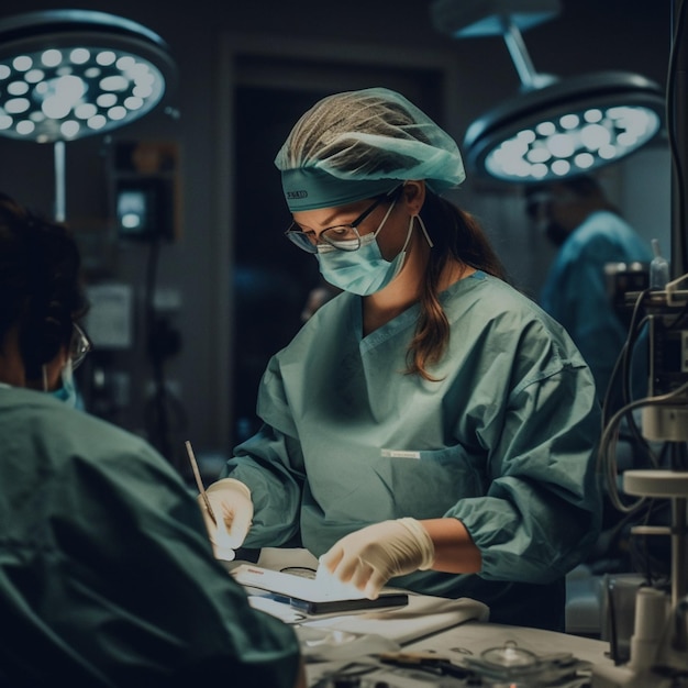 A woman in scrubs and a mask is working on a patient.