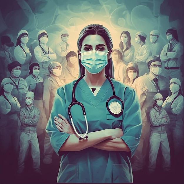 A woman in scrubs and a mask stands in front of a group of people.