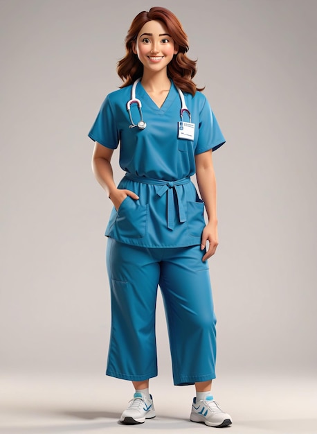 a woman in scrubs and scrubs stands in front of a grey background