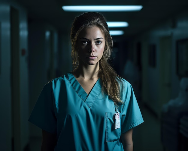 a woman in scrubs standing in a dark hallway