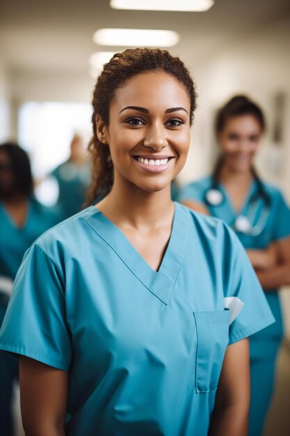 Foto una donna in scrubs in piedi in un corridoio dell'ospedale