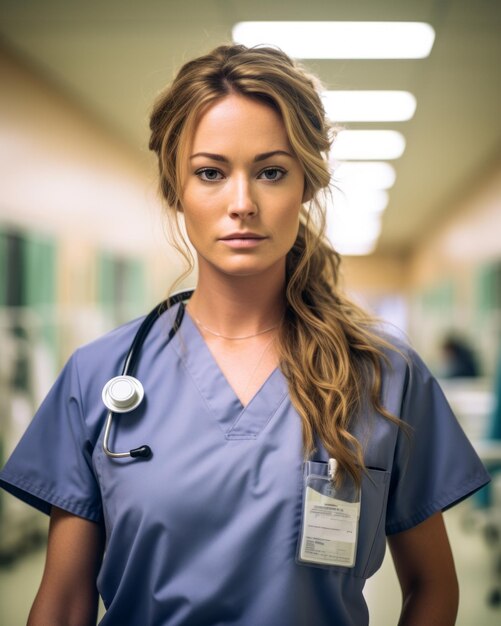 a woman in scrubs standing in a hospital hallway