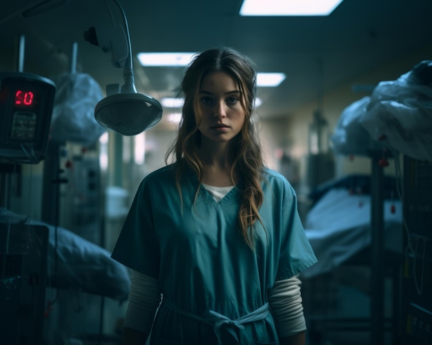 a woman in scrubs standing in an operating room