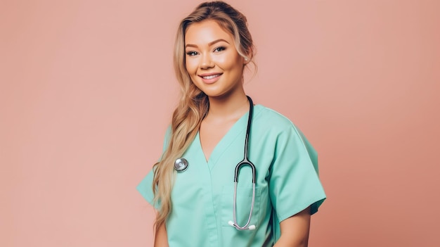 A woman in a scrubs stands in front of a pink wall.