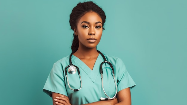 A woman in a scrubs stands with her arms crossed and a stethoscope on her chest.