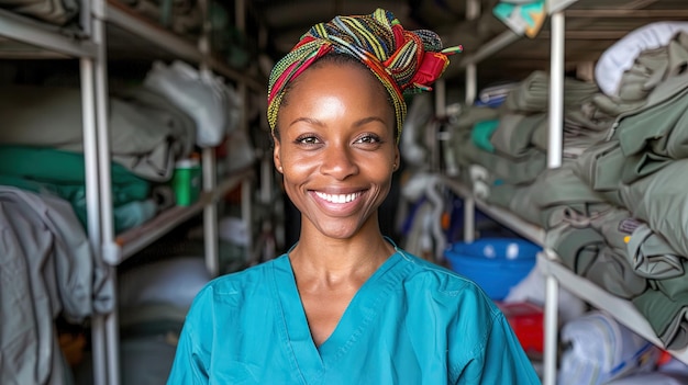 Woman in Scrubs Surrounded by Clothes