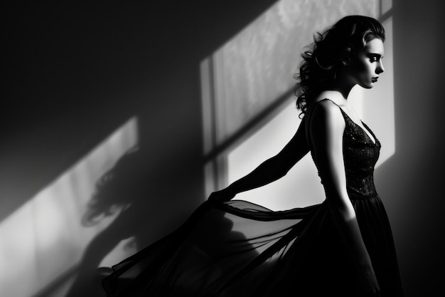 Woman scrutinizing dress silhouette from side view
