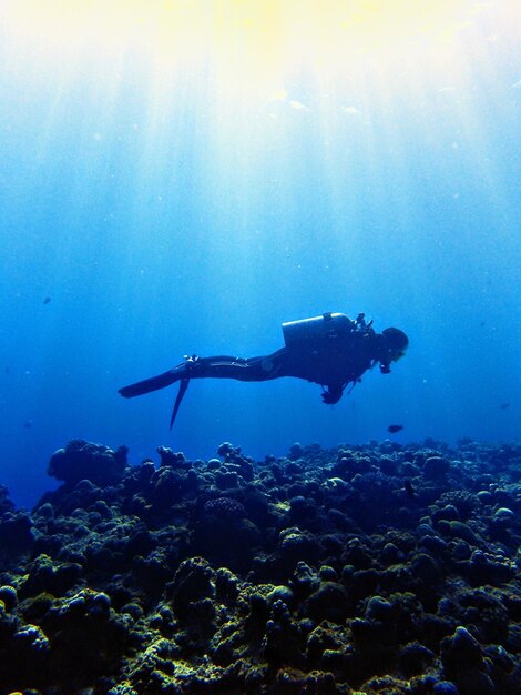 Woman scuba diving in sea