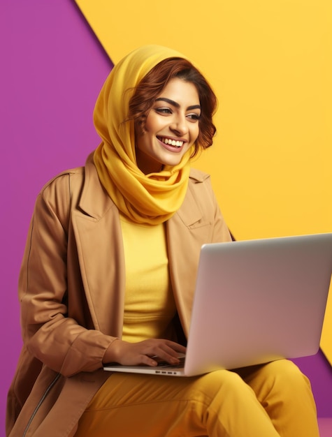 A woman seated on a chair engrossed in her laptop screen