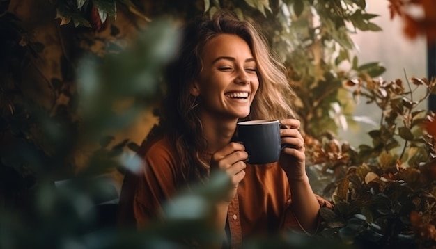 Photo a woman seated at a table holding a cup of coffee