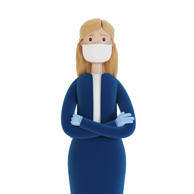 Woman secretary wearing a mask and gloves3D illustration of a cartoon character