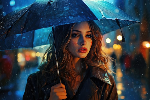 女性が信頼できる傘の下で雨宿りを求め、荒天に耐える 路上で雨が降っている中で傘を持った若い女性または女の子 AI 生成