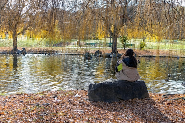 都市公園に座っている後ろから見た女性