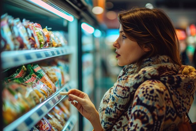 Woman selecting frozen food from supermarket freezer