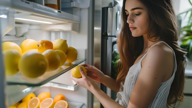 Woman selects fresh lemons from fridge stock modern kitchen setting healthy lifestyle choices casual and natural inhome activity AI
