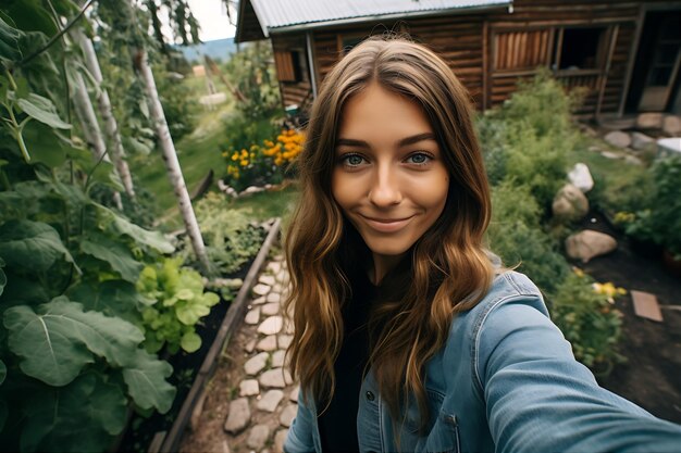 Photo woman selfie in garden