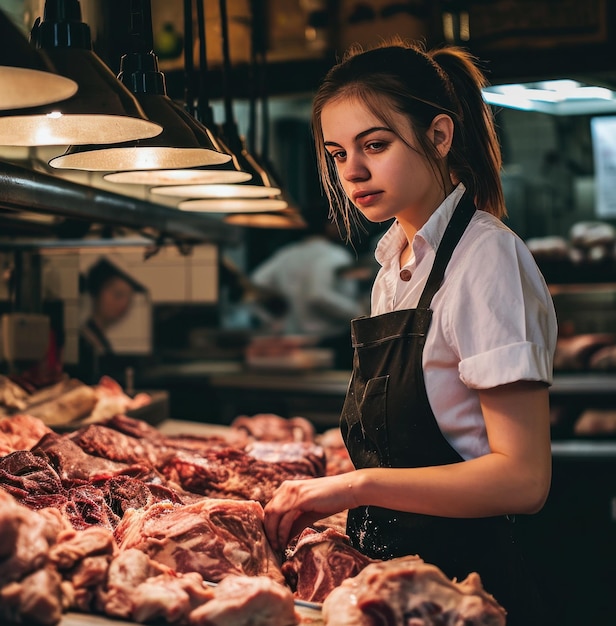 写真 肉屋で肉を売っている女性