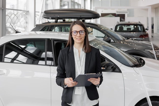 女性は自動車販売店で車を販売し、バイヤーにキーを渡す素敵な女性の車の販売マネージャー