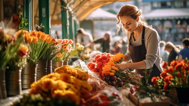 Foto donna che vende fiori al mercato locale