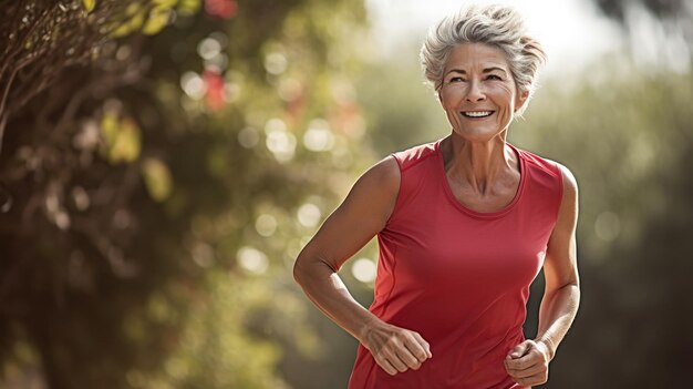 Foto donna senior andare ad esercitarsi al parco la sera giocare sport per una buona salute allenamento attività concetto copia spazio per il testo