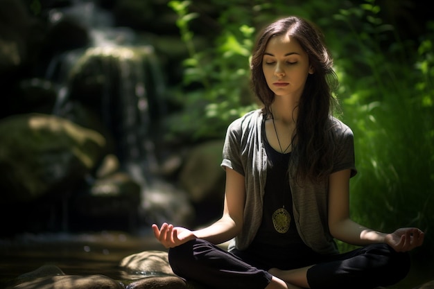 Woman in a serene yoga pose by a calming waterfall