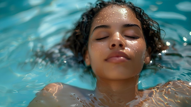 Woman serenely relaxing in a pool with her eyes closed captured in a closeup shot Concept Poolside Leisure Relaxing Portrait Serenity in Water