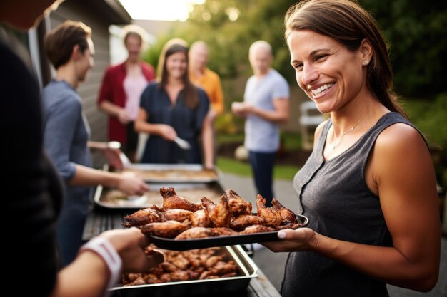 Foto donna che serve ali di pollo alla griglia ad una riunione