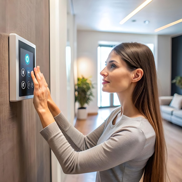 Foto una donna ha impostato il termostato a casa