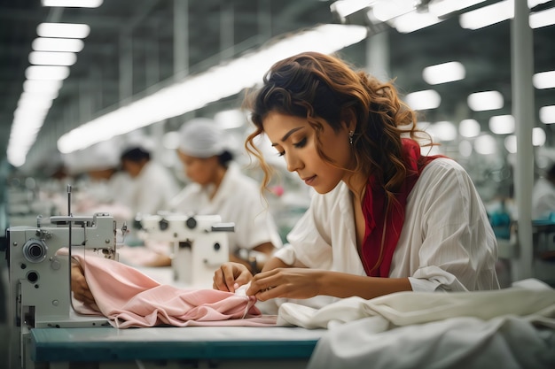 woman sewing clothes in textile factory