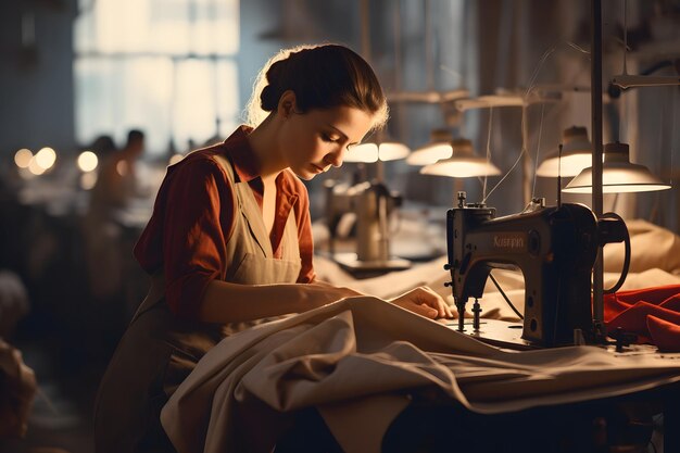 Photo woman sewing clothes in workshop