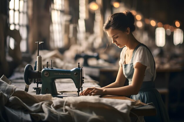 woman sewing clothes in workshop