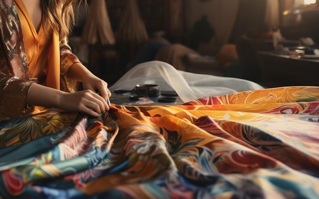 Foto donna che cuce tessuto colorato con una macchina da cucire nera in una stanza soleggiata