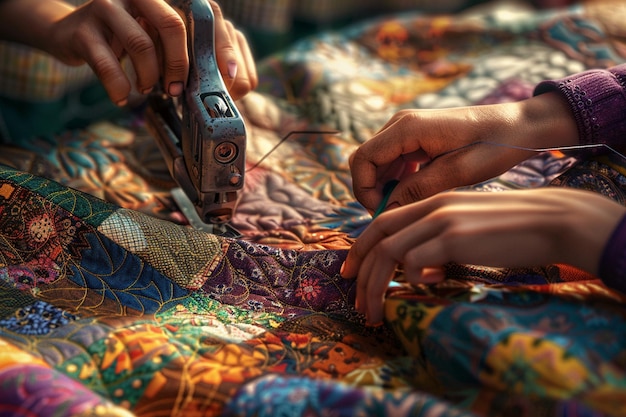 Woman sewing a quilted patchwork pillow cover with