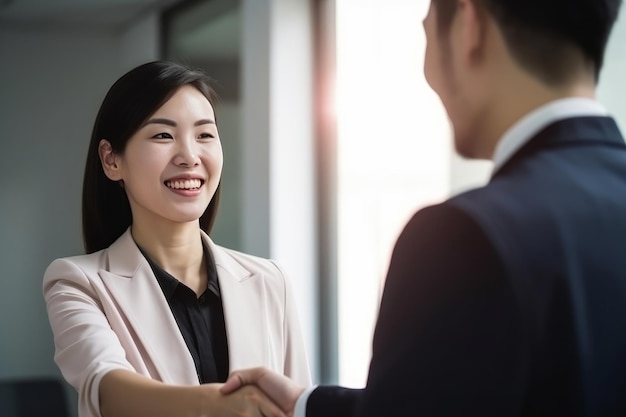 A woman shaking hands with a man in a suit Generative AI