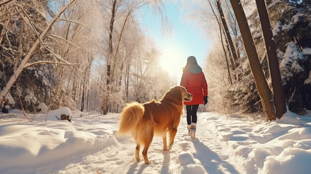 Woman in sheepskin coat and hat with golden retriever dog in snowy forest in winter