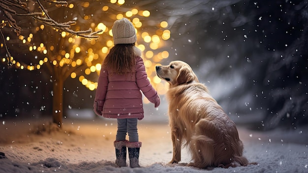 Woman in sheepskin coat and hat with golden retriever dog in snowy forest in winter