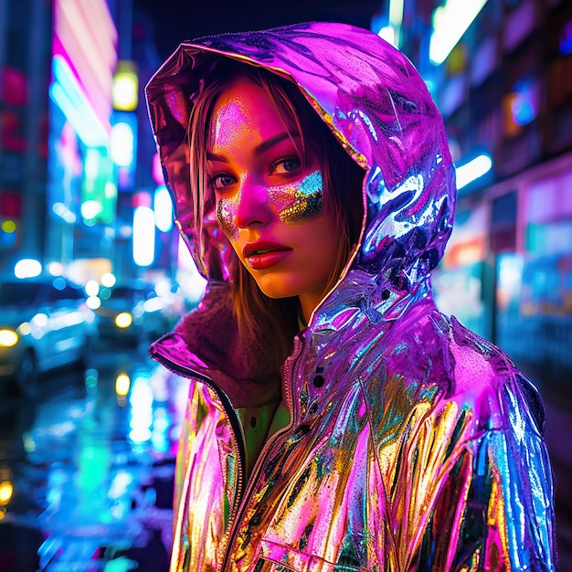 A woman in a shiny jacket