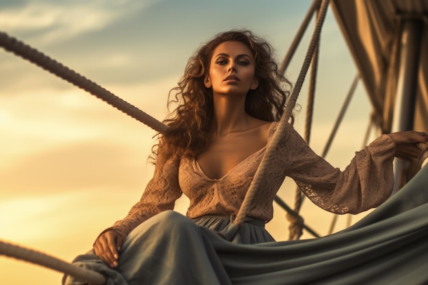 A woman on a ship in the sunset