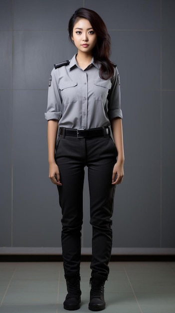 Photo a woman in a shirt and tie stands in front of a gray wall