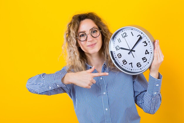 Woman in shirt with clocks