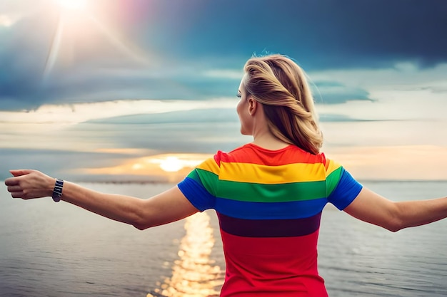 A woman in a shirt with the colors of the lgbtq flag looking at the sunset Pride day generative Ai