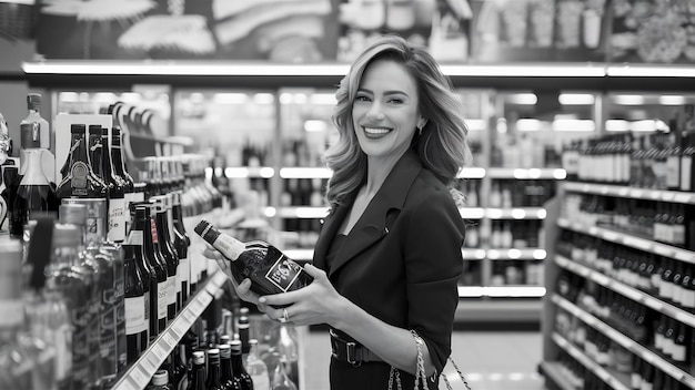 Фото Женщина покупает алкоголь в продуктовом магазине