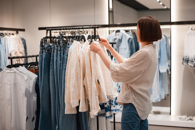 Woman shopping chooses clothes in fashionable natural colors in\
ecostyle hanging on a hanger in a clothing store jeans pastel\
colors loose fit